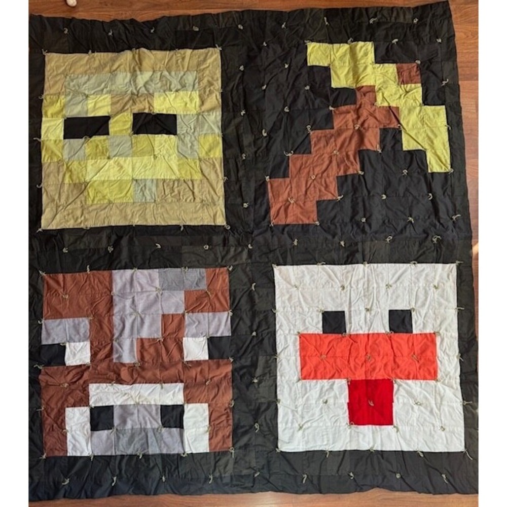 Mine Craft Chicken Zombie Cow Pickaxe Knotted Quilt Custom 60" X 66" Hand Made